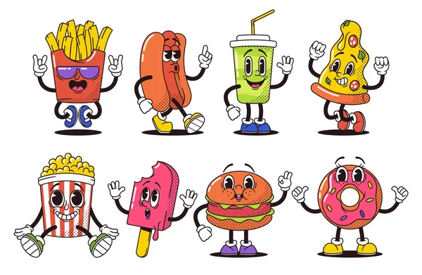 Retro Cartoon Fast Food Figuren Verkörpern Vibrierende Und Irre Vibes — Stockvektor
