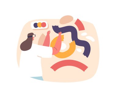 Vr Gözlüklü Kadın Karakteri, Sanal Gerçeklik İçinde Ressamlık Yapıyor. Her fırça darbesiyle canlı ve gerçeküstü sanat yaratan bir kadın. Çizgi film İnsanları Vektör İllüstrasyonu