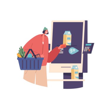 Kadın süpermarketten alışveriş yapmak, eşyalar taramak ve elektronik olarak ödeme yapmak için terminali kullanıyor. Alışveriş işlemlerini tamamlamak için hızlı ve uygun bir yol. Çizgi film İnsanları Vektör İllüstrasyonu