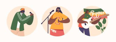 Reggae Musicians Exude Infectious Energy On Stage, Swaying To Rhythmic Beats, Engaging The Crowd With Soulful Melodies, And Spreading Positive Vibes Through Powerful Performances. Vector Illustration clipart