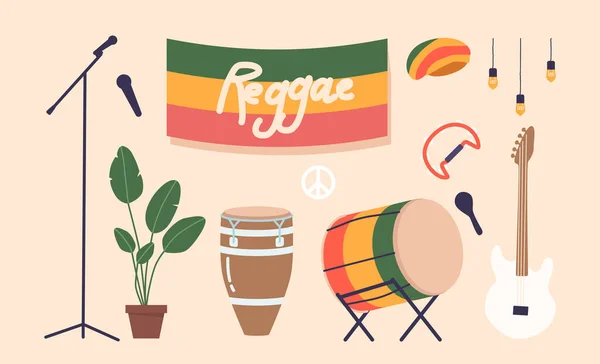 Reggae Music Elements Set Flagga Mikrofon Rastafarian Hatt Och Trumma — Stock vektor