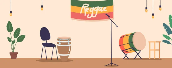 Vibrerande Scen Prydd Med Reggae Instrument Och Redskap Inklusive Mikrofon — Stock vektor