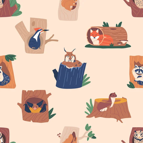 Seamless Pattern or Wallpaper with Animals And Birds Living In Hollows. Lynx, Squirrel, Fox and Owl. Raccoon, Ferret, Woodpecker and Bat In Their Natural Environments. Cartoon Vector Illustration