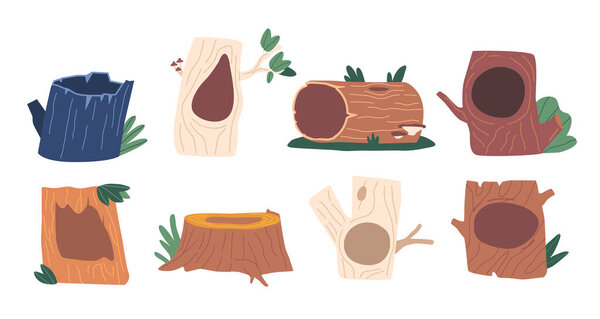 Set of Tree Hollows, Natural Cavity Or Opening In A Tree Trunk Or Branch, Often Providing Shelter Or Nesting Sites For Animals And Insects In Forest Ecosystems. Cartoon Vector Illustration
