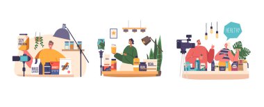 Blogger Karakterleri, Spor Beslenme Ürünlerini Kamerada Destekliyor, Yararlarını Vurguluyor, Etkin Takipçiler İçin Etkin ve Bilgilendirici İçeriği Belirliyor. Çizgi film İnsanları Vektör İllüstrasyonu