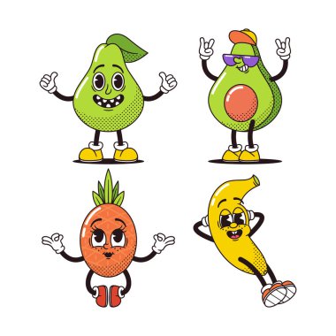 Retro Pear, Avokado, Ananas ve Muz Karakterleri, Beyaz Arkaplanda İzole Edildi. Antika 80 'ler tarzında Funky Food Personages. Komik maskotlar ya da Emoji. Vektör İllüstrasyonu