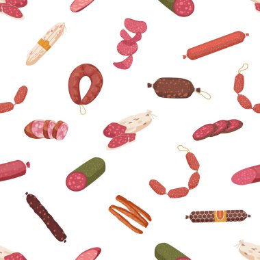 Lezzetli Sosisler Yiyeceklerle İlgili Projeler İçin Oyuncu ve İştah Açıcı Tasarım Düzenlendi. Delicatessen ile Yaratıcı Döşeme Arkaplanı. Çizgi film Vektör İllüstrasyonu