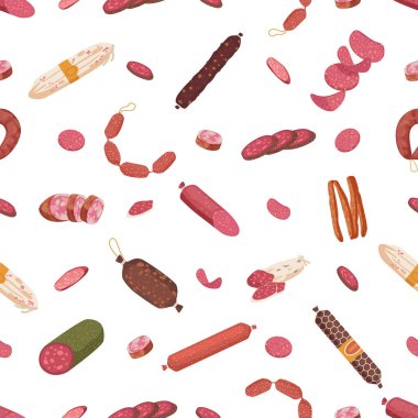 Lezzetli Sosisler içeren kusursuz desenli. Delicatessen ile Yaratıcı Döşeme Arkaplanı, yiyeceklerle ilgili projeler için oyuncu ve iştah açıcı bir tasarım hazırladı. Çizgi film Vektör İllüstrasyonu