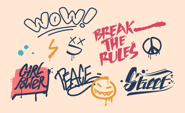 Street Art Schriftzug Set Vorhanden Graffiti Wow Break Rules Girl — Stockvektor