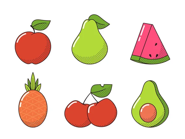Frutta Dei Cartoni Animati Stile Retrò Mela Pera Anguria Fetta — Vettoriale Stock