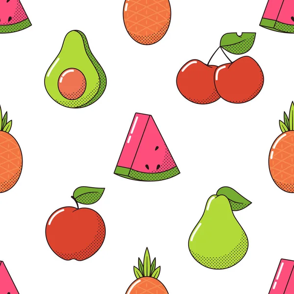 Playful Seamless Pattern Featuring Cartoon Fruits Retro Style Apple Pear — Stock Vector