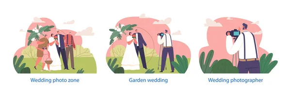 在拍摄 拍摄糖果时刻 时具有家族特征的分离元素 新婚夫妇 父母和小孩在花园里为摄影师摆姿势 卡通人物矢量图解 — 图库矢量图片