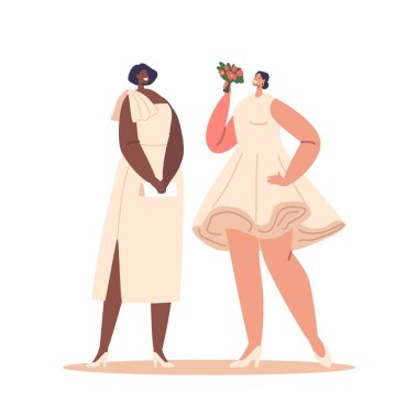 İki gelin yan yana duruyor, biri uzun, şık bir elbise içinde, diğeri ise kısa, modern bir elbise içinde, özel günlerinde neşe ve sevgi saçıyor. Mutlu Kadın Karakterler. Çizgi film İnsanları Vektör İllüstrasyonu