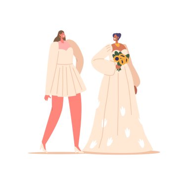 Beyaz arka planda izole edilmiş zarif kısa ve uzun elbiseli güzel şık gelinler. Düğün ve Evlilik Töreni için Moda Giyinen Kadın Karakterler. Çizgi film İnsanları Vektör İllüstrasyonu