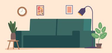 Konforlu kanepesi, uyumlu renkleri ve dokuları olan bir davet odası rahat ve şık bir ortam yaratıyor. Çizgi film Vektör İllüstrasyonu, Yeşil Koltuk, Bitkiler ve Yer Lambası Arkaplanı