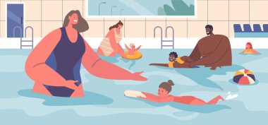 Nitelikli Eğitmen Karakterleri eğlenceli ve çocuklar için yüzme dersleri veriyor, su güvenliğine, temel vuruşlara ve suya güven inşa etmeye odaklanıyor. Çizgi film İnsanları Vektör İllüstrasyonu