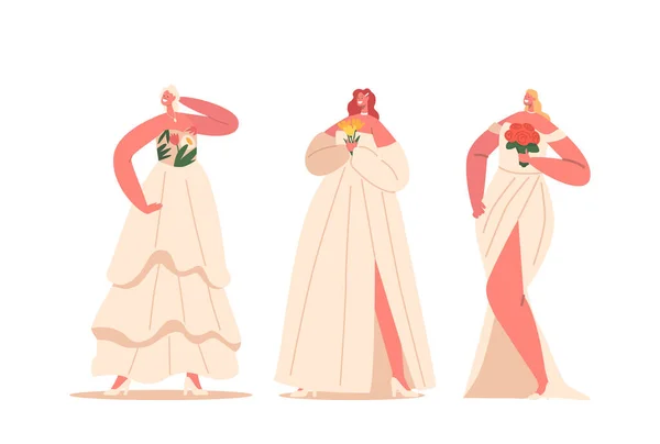Güzel Gelinler Düğün Töreni Için Şık Kıyafetler Giyerler Ellerinde Çiçek — Stok Vektör