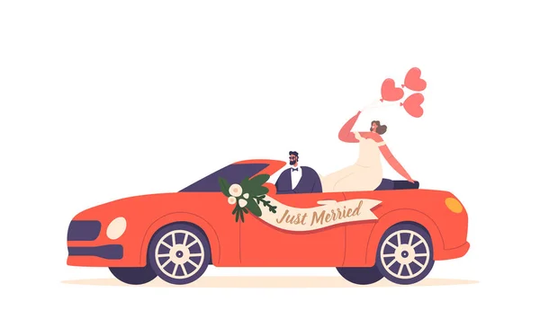Los Recién Casados Conducen Coche Decorado Celebrando Matrimonio Con Signo — Vector de stock