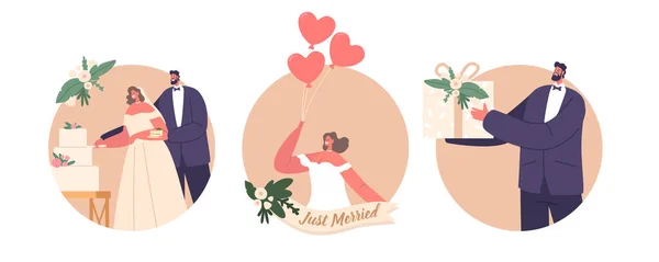 Iconos Redondos Aislados Avatares Personajes Masculinos Femeninos Recién Casados Que — Archivo Imágenes Vectoriales