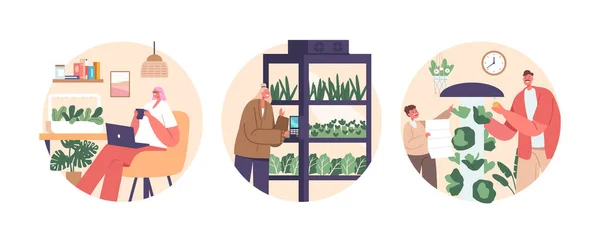 Ícones Redondos Isolados Avatares Com Personagens Que Gostam Jardinagem Casa — Vetor de Stock