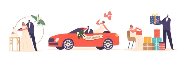 与新婚夫妇的婚礼行动概念剪彩蛋糕 驾驶有新婚标志的装饰汽车 打开包装 观看礼物或礼物 卡通人物矢量图解 — 图库矢量图片