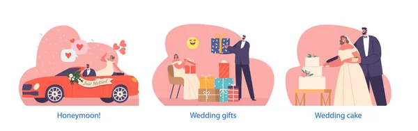 Düğün Sahneleriyle Izole Edilmiş Elementler Yeni Evli Karakterleri Kutlama Pastası — Stok Vektör