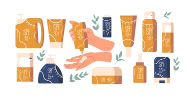 Güneş koruma kremleri ayarlandı, 15 ila 50 arası Spf ile temel UV korumasını sağlıyor. Cildinizi zararlı güneş ışınlarından koruyun ve sağlıklı ve parlak bir ten renginde tutun. Çizgi film Vektör İllüstrasyonu