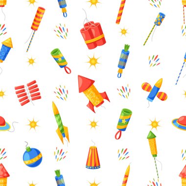 Canlı Piroteknik elementler içeren Dinamik Kusursuz Desenli Patlayıcı ve Patlayıcı Görsel Görüntü Oluşturuyor. Kutlama etkinlikleri ve canlı tasarımlar için mükemmel bir yer. Çizgi film Vektör İllüstrasyonu