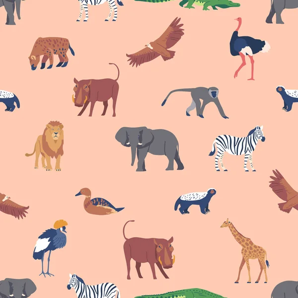 African Animal Seamless Pattern Vibrant Design Featuring Elephant Lion Giraffe — Stock Vector