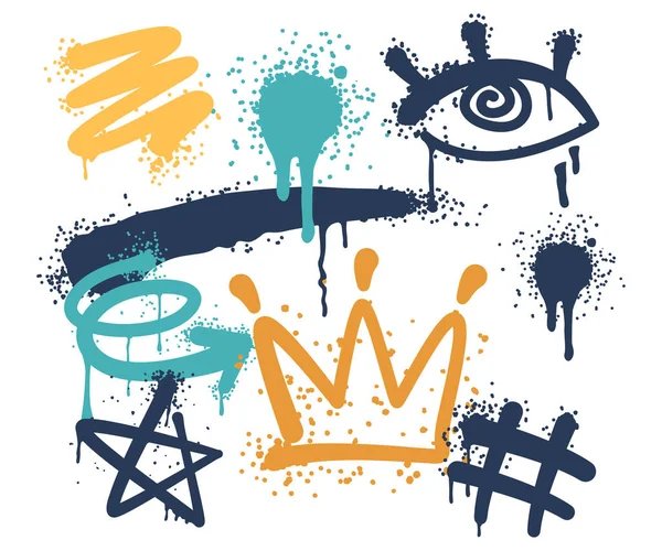 Graffiti Spray Elements Crown Hashtag Eye Star Arrow Spot Blob — Vector de stock