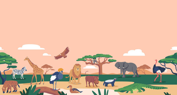 Graceful Giraffe, Majestic Elephant, And Powerful Lion Roam The African Landscape. Zebra Graze Alongside Hyena, Creating A Stunning And Diverse Ecosystem and Rich Wildlife. Cartoon Vector Illustration