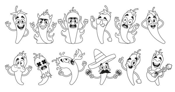 Outline Hot Mexicaanse Pepers Cartoon Jalapeno Personages Met Pittige Felle — Stockvector