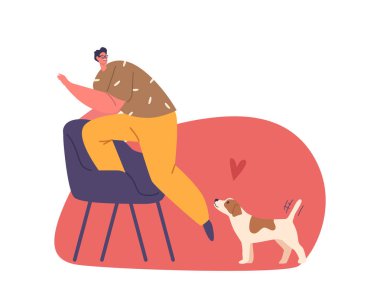 Cynofobi Vektör Konsepti. Erkek karakter köpeklere karşı yoğun bir korku hissediyor. İnsan, aşırı kaygısından dolayı köpek yavrusundan kaçınır. Kalp atışları, vücut gerilimleri ve köpekle karşılaşmamak için uzun mesafeler kat ediyor.