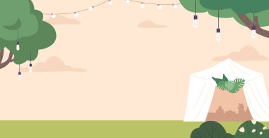 Çiçeklerle süslenmiş büyüleyici bir çardağı olan Büyüleyici Düğün Bahçesi, Yeminler Vermek ve Doğanın Ortasındaki Aşkı Kutlamak için Romantik bir zemin hazırlıyor. Çizgi film Vektör İllüstrasyonu