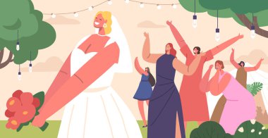 Gelinin Bekar Konuklara Düğün Buketi Atması, Mutluluk ve İyi Talihi Geçirmeyi sembolize ediyor. Buketi yakalamanın şans ve bir sonraki düğünü getireceğine inanılıyor. Çizgi film Vektör İllüstrasyonu