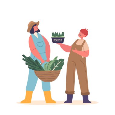 Yeşillik ve mikroçim yetiştiren, bitkileri yetiştirmeyi öğrenen, Doğa Büyüme Süreci için Sorumluluk ve Takdir Sağlayan Çocuklar, Taze, Besleyici Ev Ürünleri ve Vektör 'ün tadını çıkarırken,