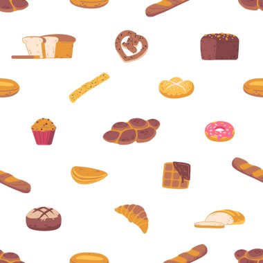 Duvar kağıdı, tekstil ya da ambalaj kağıdı için çekici ve iştah açıcı tasarımlar üreten lezzetli, pürüzsüz desenli fırın ürünleriyle donatılmış. Çizgi film Vektör İllüstrasyonu