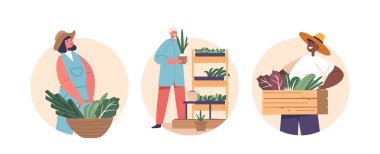 Yalıtılmış Yuvarlak Simgeler ya da Yeşillik ve Mikroyeşillik Yeşillendiren Çocuklarla Görseller, Bitkileri Yetiştirmeyi Öğrenme, Doğa Büyüme Süreci İçin Takdir Etmeyi Geliştirme. Çizgi film İnsanları Vektör İllüstrasyonu