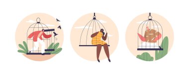 İzole edilmiş Yuvarlak Simgeler veya İzolasyon ve Hapsedilme Sahneleri ile Görseller. Güvenli Kafeslerde Oturan İnsanlar, Erkek ve Kadın Karakterler Özgürlük ve Kaçış Hakkında Düşler. Çizgi film Vektör İllüstrasyonu