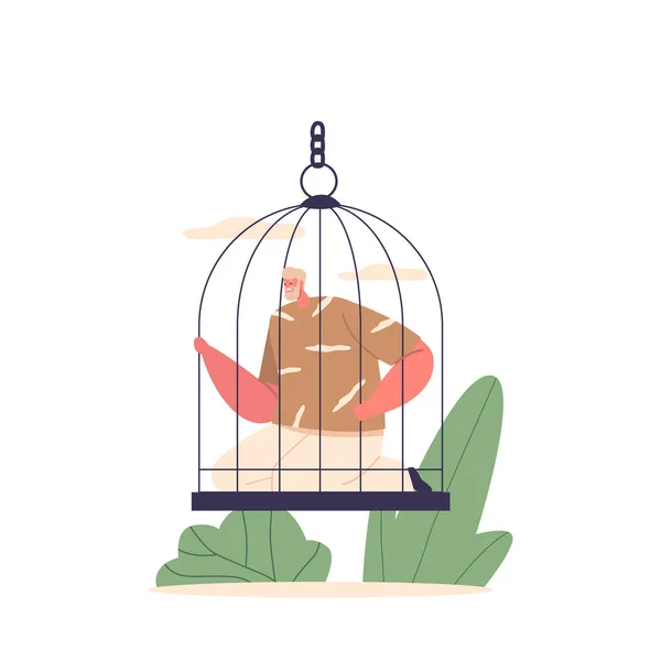 Homme Confiné Assis Dans Une Cage Montrant Vulnérabilité Isolement Captivité — Image vectorielle