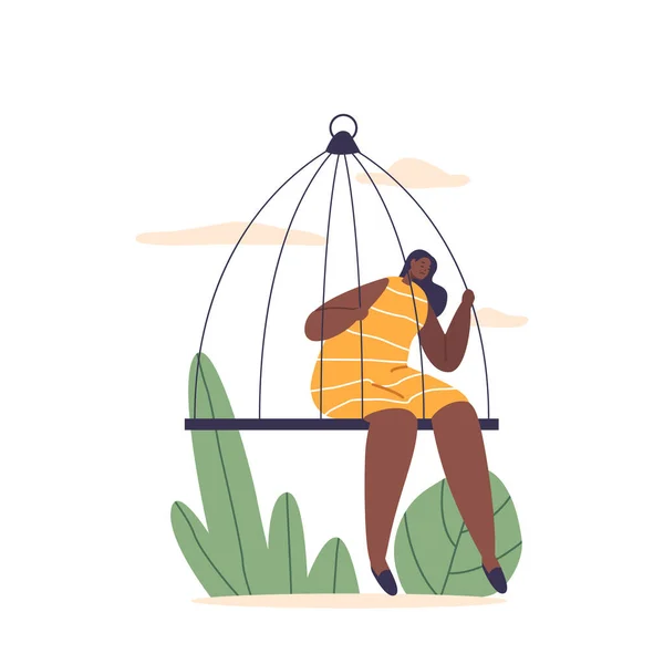 Femme Captive Trouve Solennellement Dans Une Cage Confinement Son Expression — Image vectorielle