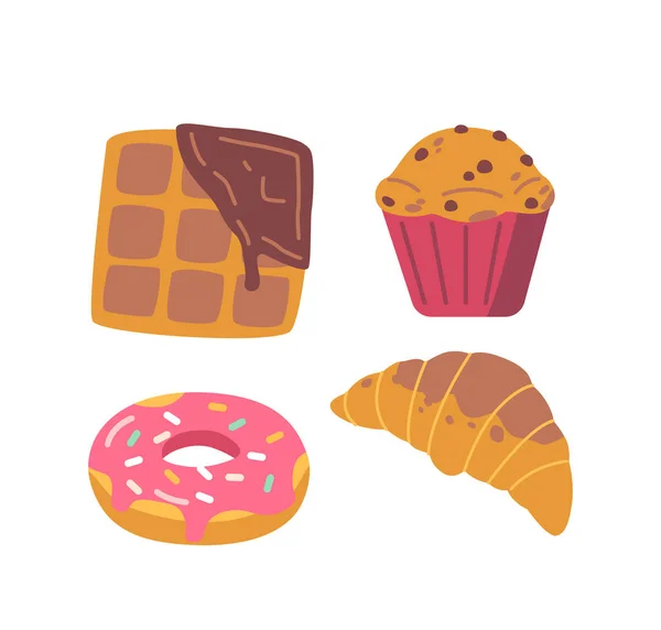 Wafer Muffin Donut Und Croissant Köstliche Auswahl Backwaren Frisch Gebackenes — Stockvektor