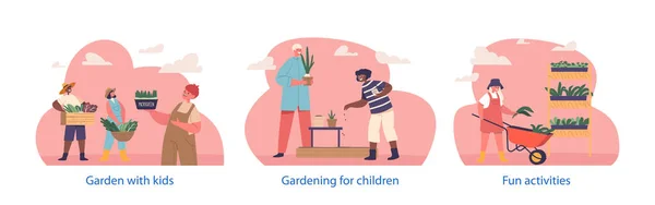 Elementos Aislados Con Niños Cultivando Verdes Microgreens Participando Actividades Jardinería — Vector de stock