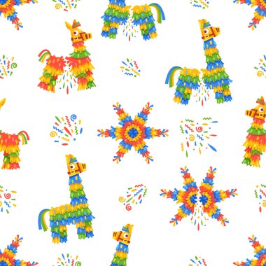 Canlı Pinatas Yıldızı, Lama ve Eşek, neşeli bir şekilde düzenlenmiş, neşeli ve kutlamalı bir atmosferi çağrıştırıyor. Oyuncu Döşeme Arkaplanı veya Duvar Kağıdı Tasarımı. Çizgi film Vektör İllüstrasyonu