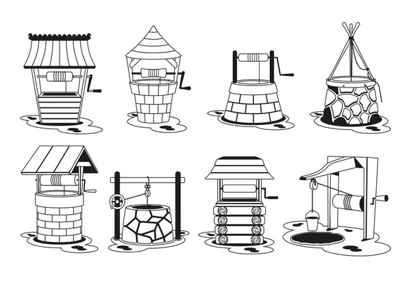 Wasserbrunnen Isolierte Einfarbige Symbole Oder Piktogramme Set Unterirdische Strukturen Gegraben — Stockvektor