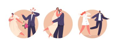 Münferit Yuvarlak Simgeler ya da Düğün Çiftleri Avatarları, Seremoni sırasında Gelin Damat 'tan Kaçışı, Yeni Evli Karakterler Aşklarını Kutluyor, Altar' a Yürü. Çizgi film İnsanları Vektör İllüstrasyonu