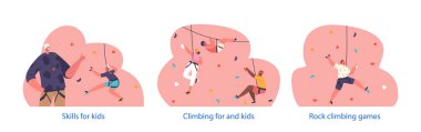Erkekler ve Kızlarla İzole Edilmiş Elementler Aşağıdaki Yetişkin Eğitmeninin yardımıyla Kaya Duvarı 'na tırmanan Çocuklar Duvara tırmanan Renkli Çıkartmalar, Aşırı Dağcılık yapan Çocuklar. Çizgi film Vektör İllüstrasyonu