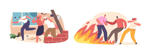 Испуганные люди бегут, когда землетрясение и пожар разрушают Хавок, оставляя разрушение на их пути. Испуганные мужские и женские персонажи ищут защиты от хаоса и бедствий. Вектор мультипликации