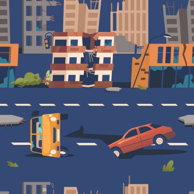 Depremden sonra şehir yolu. Asfalt çatlamış, enkaz etrafa saçılmış, kırık arabalar, tehlikeli bir şekilde eğilen binalar, Doğal Felaket nedeniyle kaos ve yıkım sahnesi. Çizgi film Vektör İllüstrasyonu
