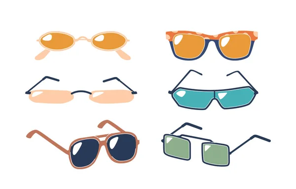 Set Sunglasses Featuring Sleek Frames Polarized Black Yellow Blue Green — Stock Vector